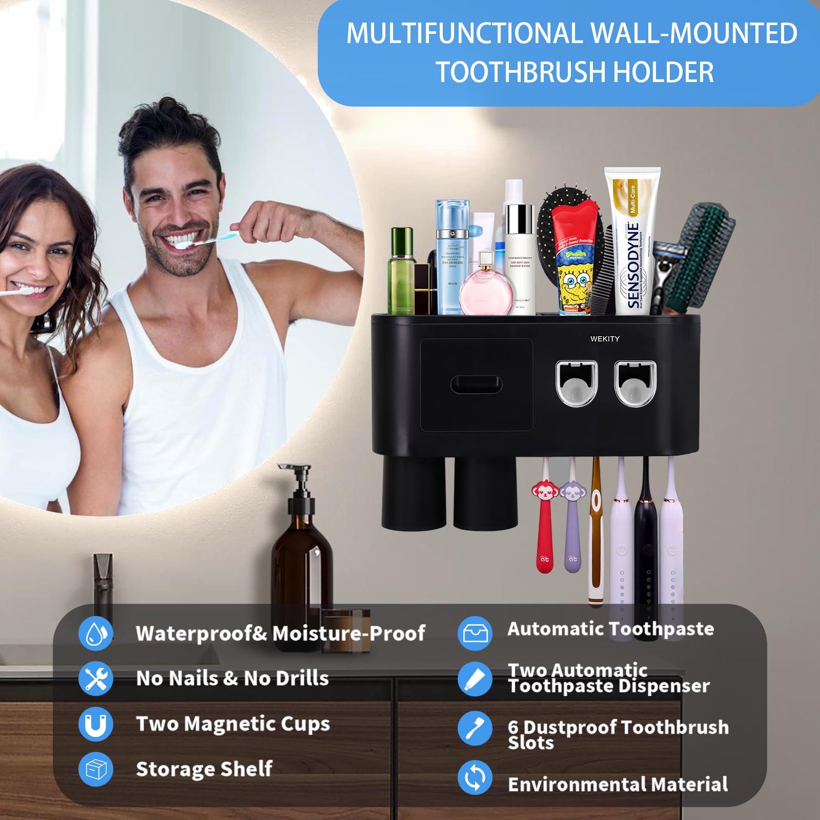 Set di portaspazzolino da bagno, portaspazzolino da parete, dispenser per dentifricio, portaspazzolino elettrico con 2 tazze, 6 scomparti per spazzolino da denti, cassetto per cosmetici (grande)