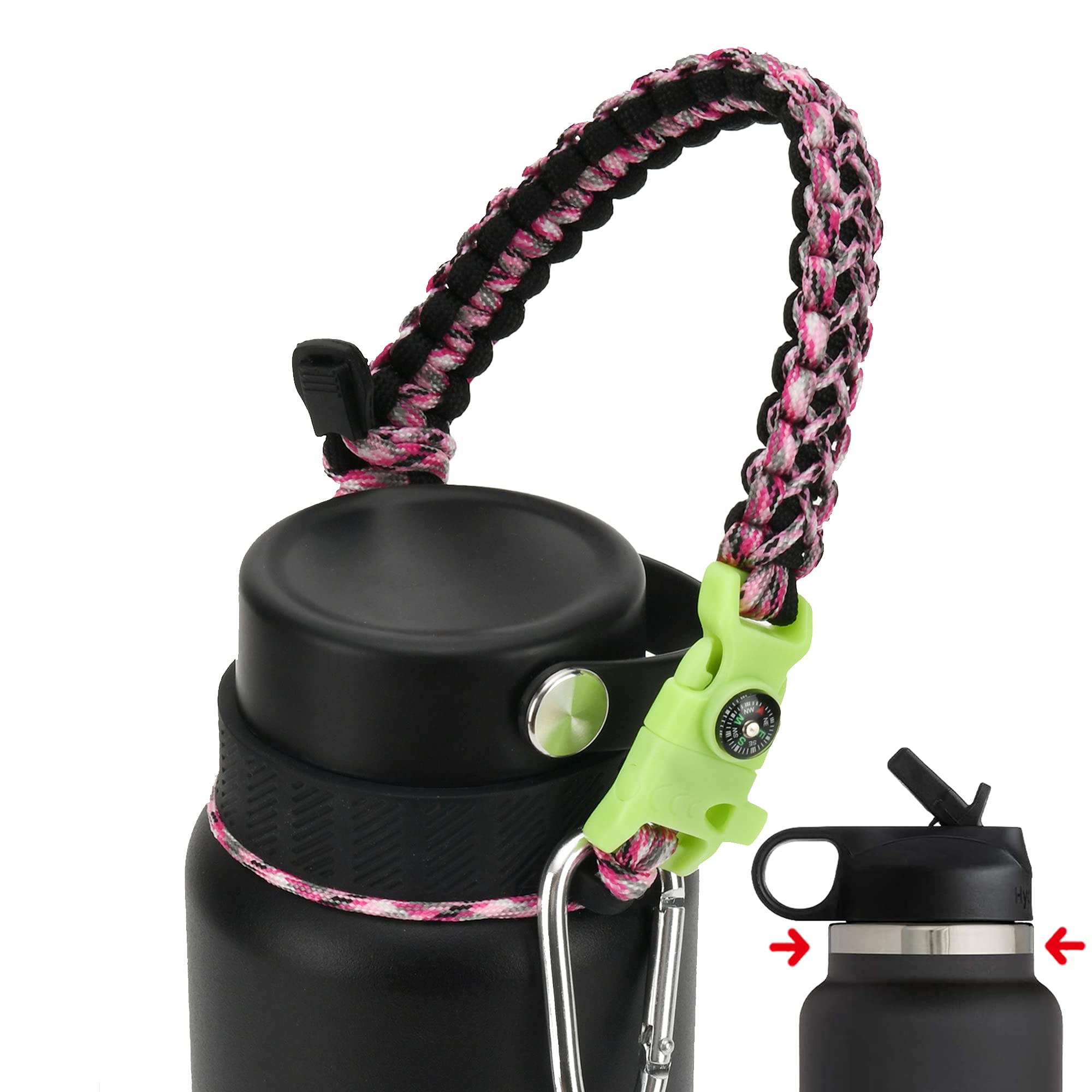 QeeCord 2.0 Paracord Handle for Hydroflask 2.0 Wide & Standard Mouth Water Bottles Strap Carrier with New Safety Ring Holder, 12oz - 64oz