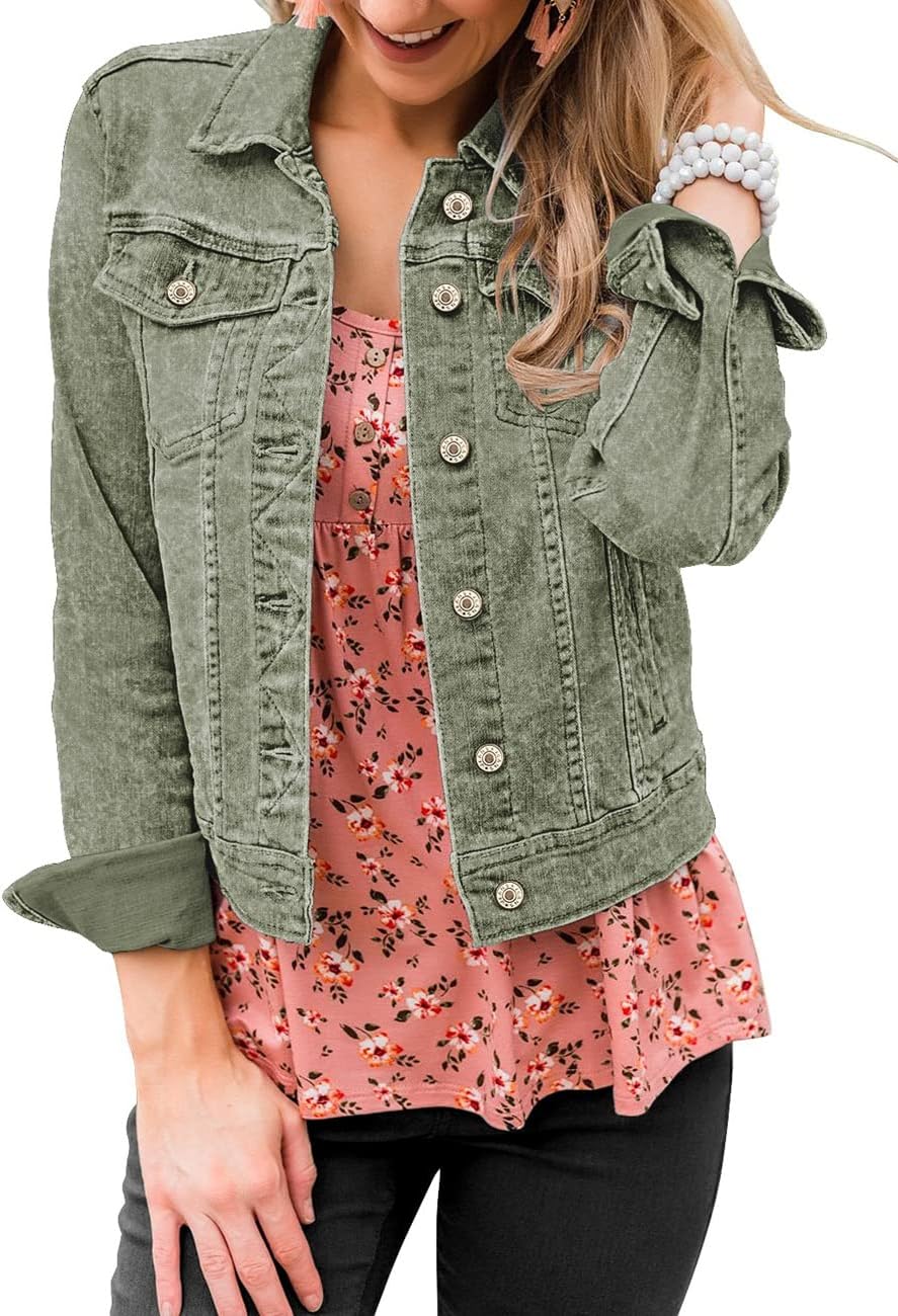 Vetinee Womens Stretch Button Down Long Sleeve Pockets Denim Jean Trucker Jacket