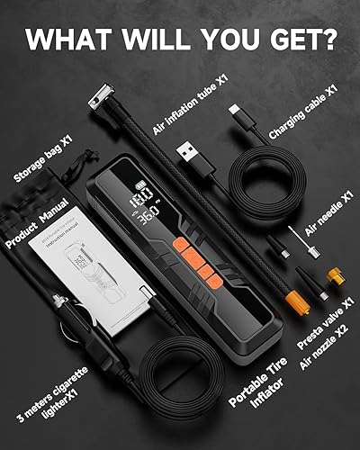 Miniatura 7 de Hajomel Compresor de aire portátil para neumáticos, bomba de inflado inteligente 4 veces con medidor de presión digital, bomba eléctrica de