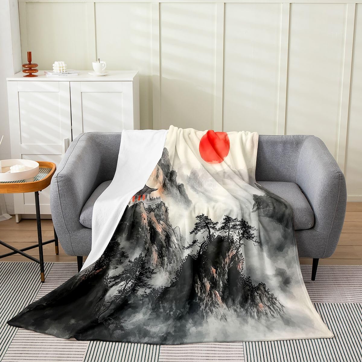 Castle Fairy Red Sakura Sunset Mountain Fleece Blanket,Landscape Painting Art Bed Blanket for Kids Teens,Japanese Style Bedding Set for Livingroom Bedroom Decor,Queen 90"x90"