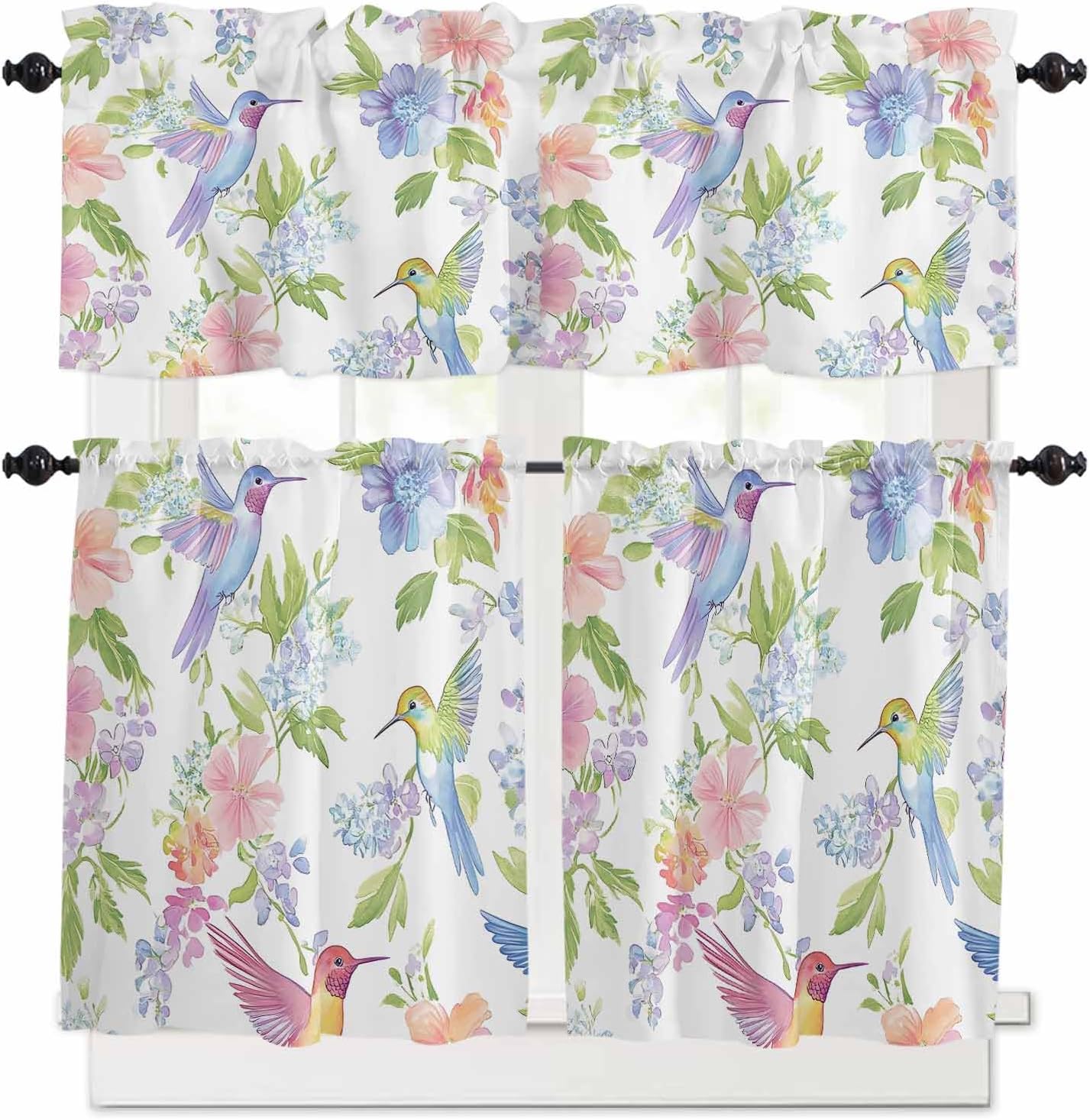 Bird Flower Kitchen Curtains and Valances Set, Spring Watercolor Floral Rod Pocket Window Valance 18 Inch Colorful Botanical Window Curtain Panels for Living Room Bedroom Laundry, 27.5x36in, 3 Pieces