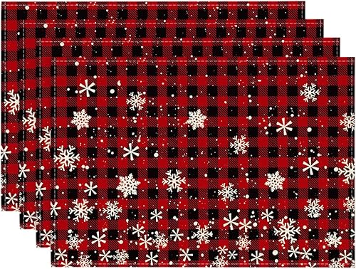 Artoid Mode Juego de 4 manteles individuales de Navidad a cuadros rojos y negros para mesa de comedor, 12 x 18 pulgadas, diseño de copos de nieve,