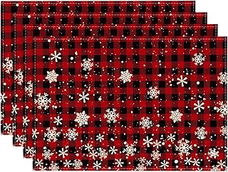 Artoid Mode Red and Black Buffalo Plaid Christmas Placemats for Dining Table, 12 x 18 Inch Seasonal Winter Xmas Snowflakes Holiday Rustic Vintage Thanksgiving Washable Table Mats Set of 4