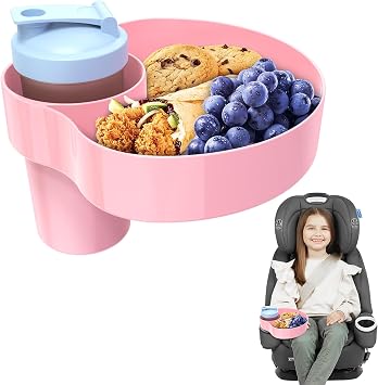 Car Seat Cup Holder Snack Tray for Kids Toddler Travel Tray with Fixed Twist Base for Car, Booster, Stroller, Outdoor Essentials Kit. Universal for Snacks, Toys, Food, Drinks 1, Pink