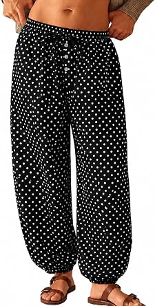 Womens Polka Dot Balloon Pants Elastic Waist Baggy Harem Pants Wide Leg Drawstring Comfy Trousers with Pockets