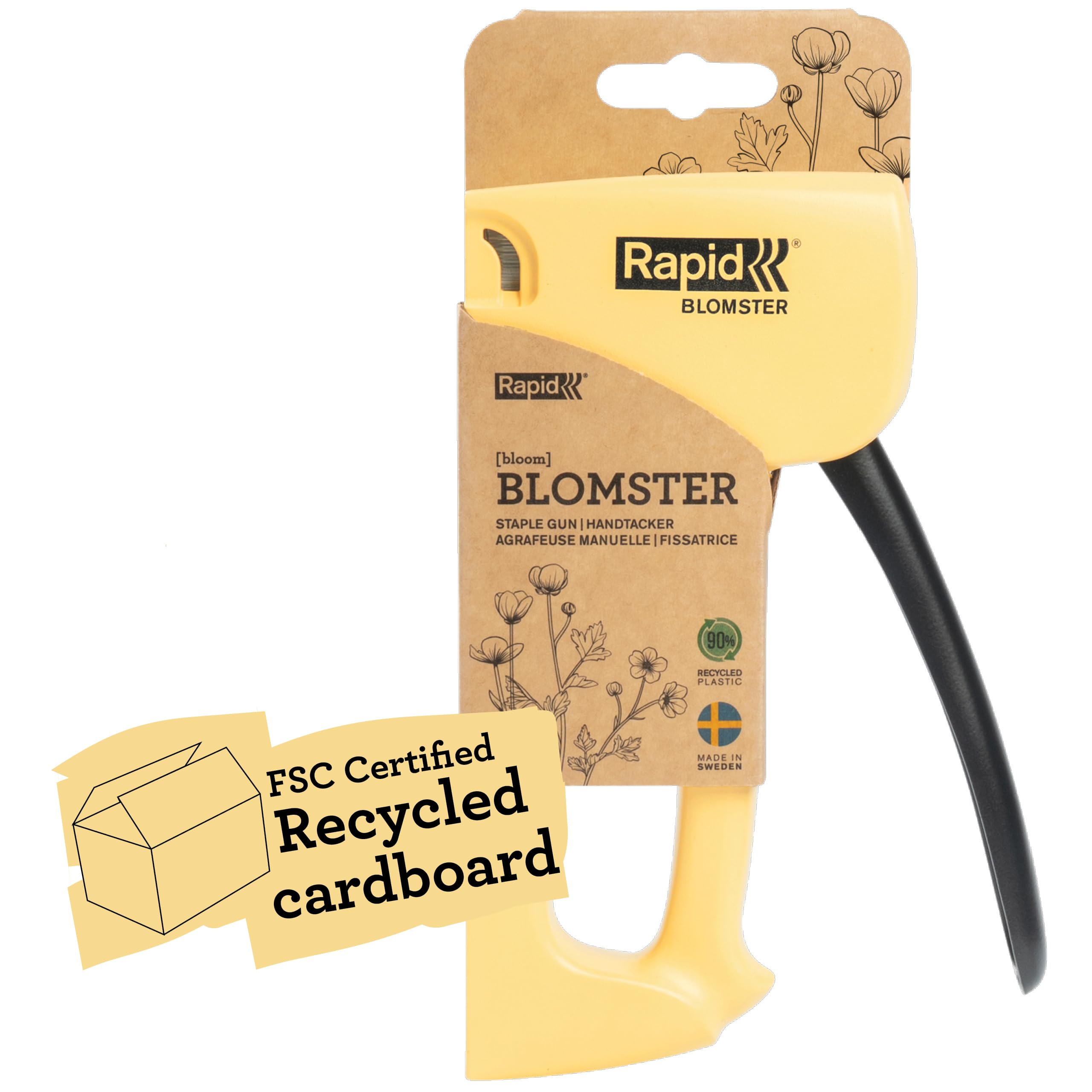 Rapid R13 Graffatrice per Tessuti e Tappezzerie. Realizzata con Plastica Riciclata al 90% e Acciaio, Prodotta in Svezia, Compatibile con graffette n. 13 da 4-10 mm, Giallo Blomster
