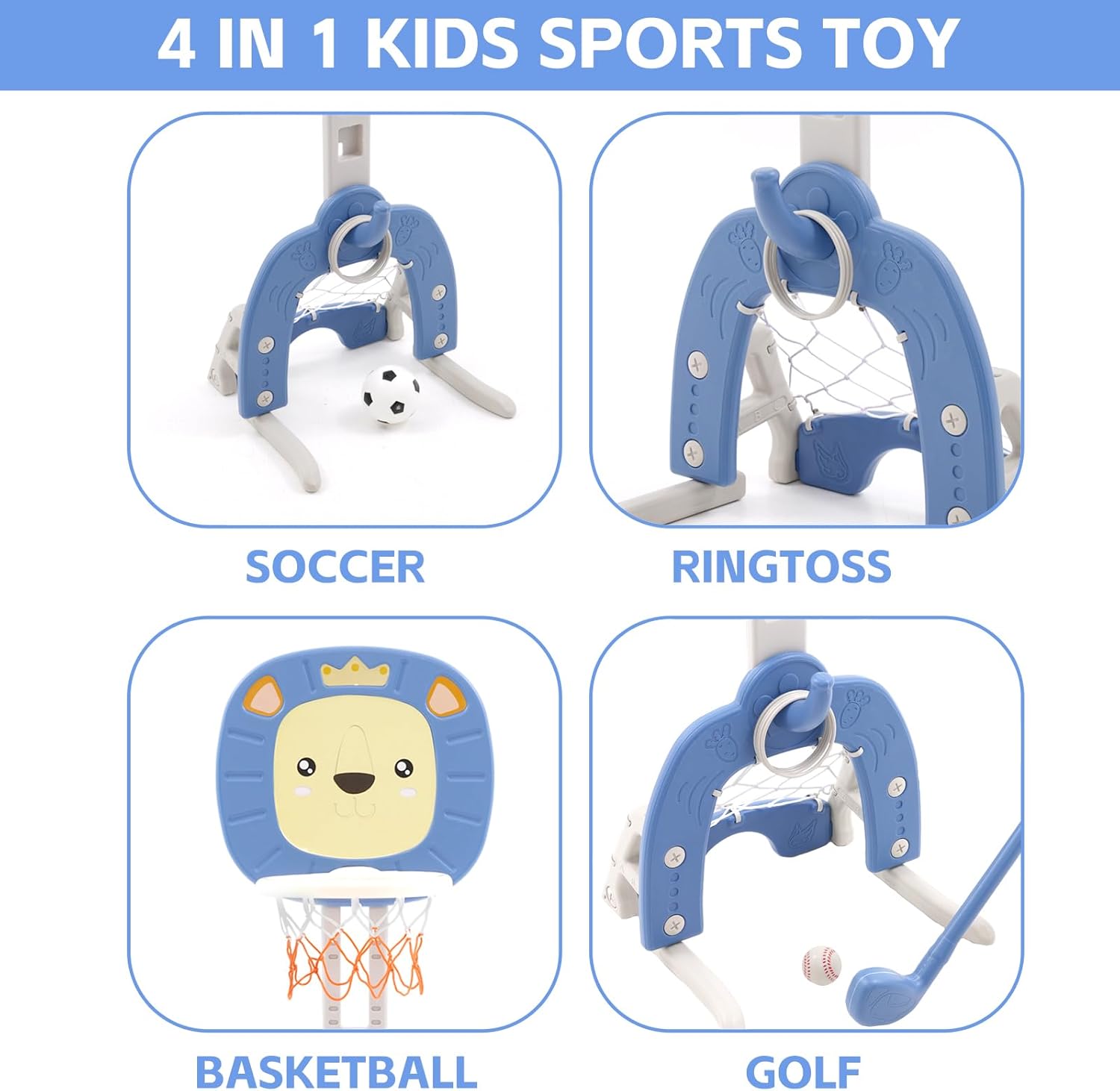Ark miido 4-in-1 Basketball Hoop for Kids Toddler Sports Activity Center Height Adjustment with Football/Soccer Goal, Golf Game, and Ring Toss Indoor and Outdoor Play Set for Boys and Girls (Blue)