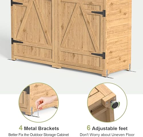 Vista 5 de Gizoon Outdoor Storage Cabinet with Waterproof Roof, Double Lockable Doors Garden Shed with 2 Removable Shelves, Wooden Storage Shed with Large