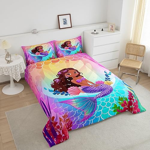 Miniatura 3 de Erosebridal Juego de ropa de cama para niña negra, juego de edredón de sirena lindo, juego de ropa de cama de princesa con conchas moradas, edredón