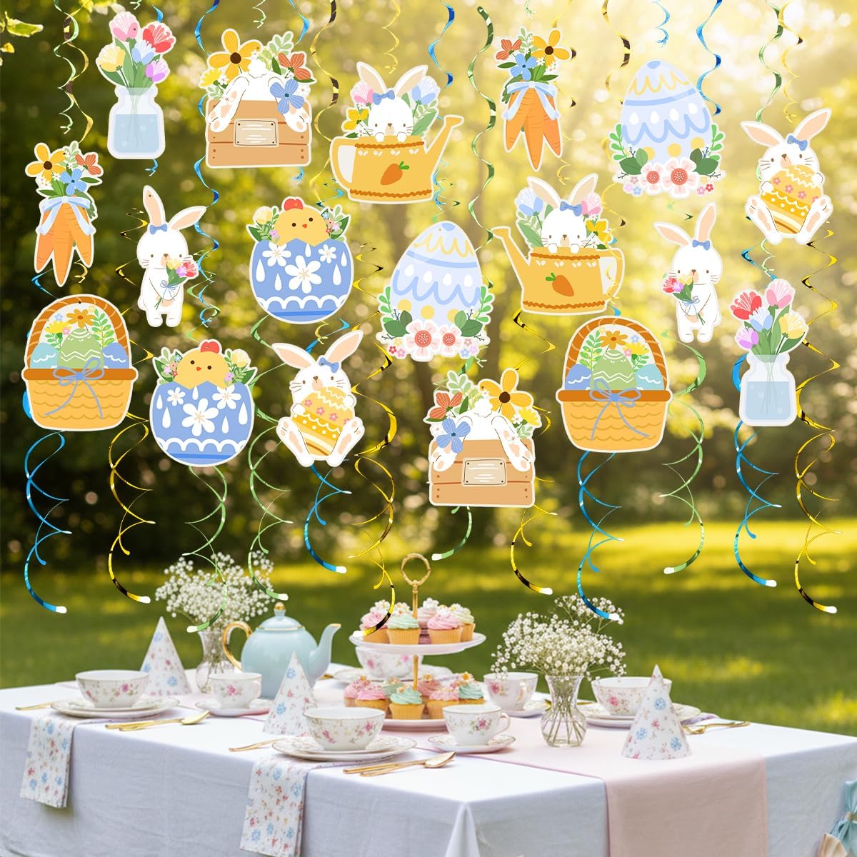 30PCS Easter Hanging Swirl Decorations Pre-Strung Easter Bunny Egg Foil Swirls Easter Ceiling Streamers Spring Decor for Home Office School Easter Party Ornaments Favors Supplies