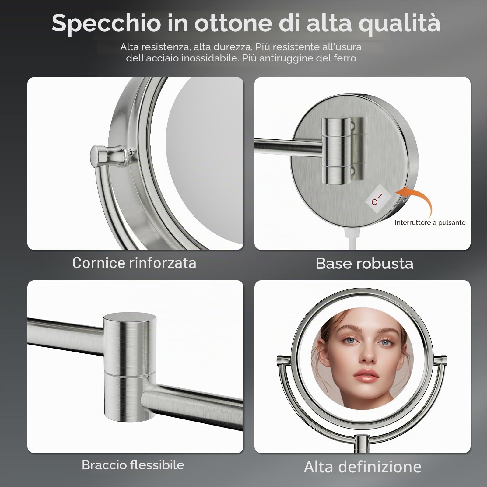 Nicesail Specchio Trucco con Luci da Parete - Specchio Ingranditore 5x - Luce a 3 Colori - con Braccio Estensibile - Telaio Spesso - con Spina - Nichel Spazzolato,Diametro 20 cm