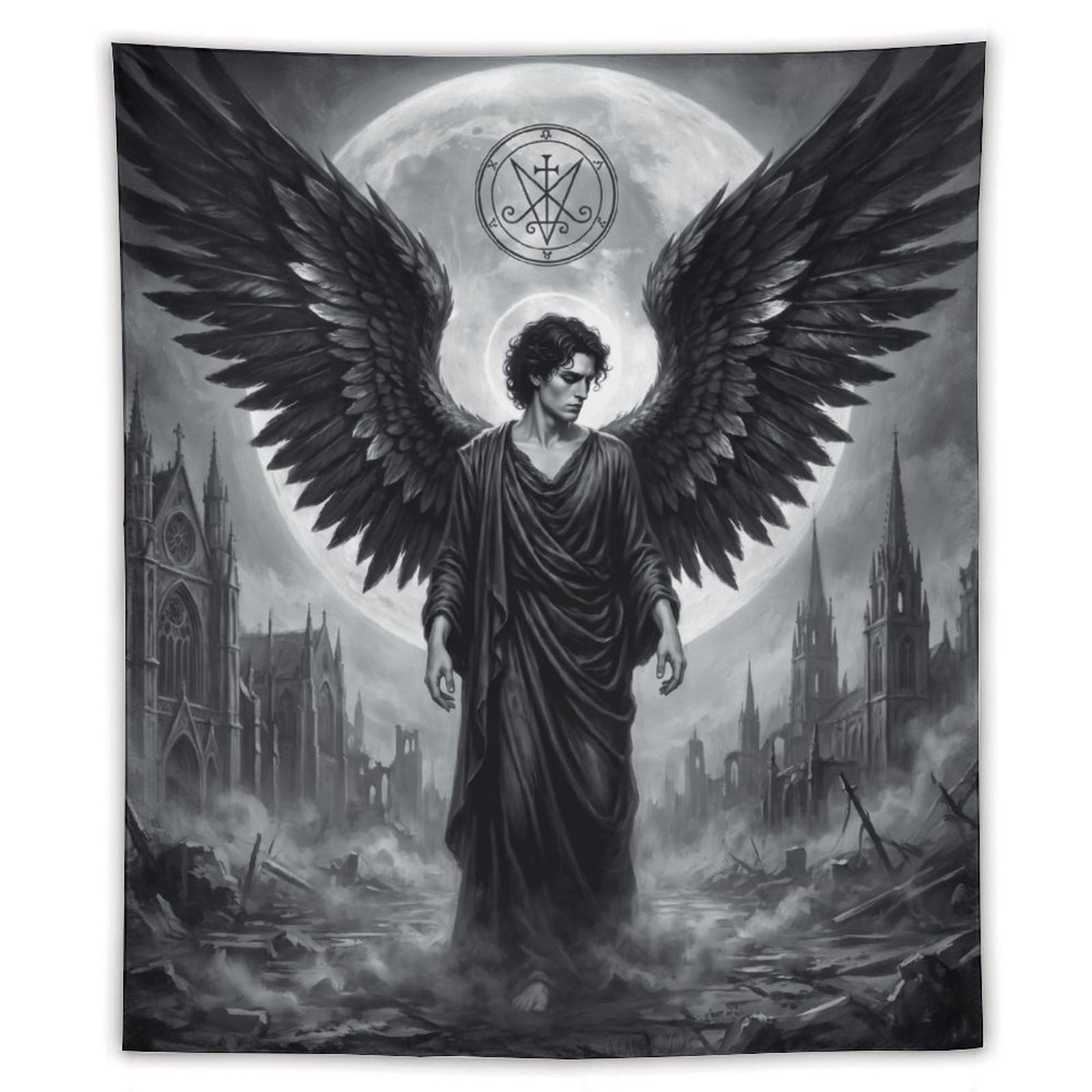H3B8U2Y5 Dark Angel Lucifer Monochrome Wall Tapestry, Moonlit Ruins