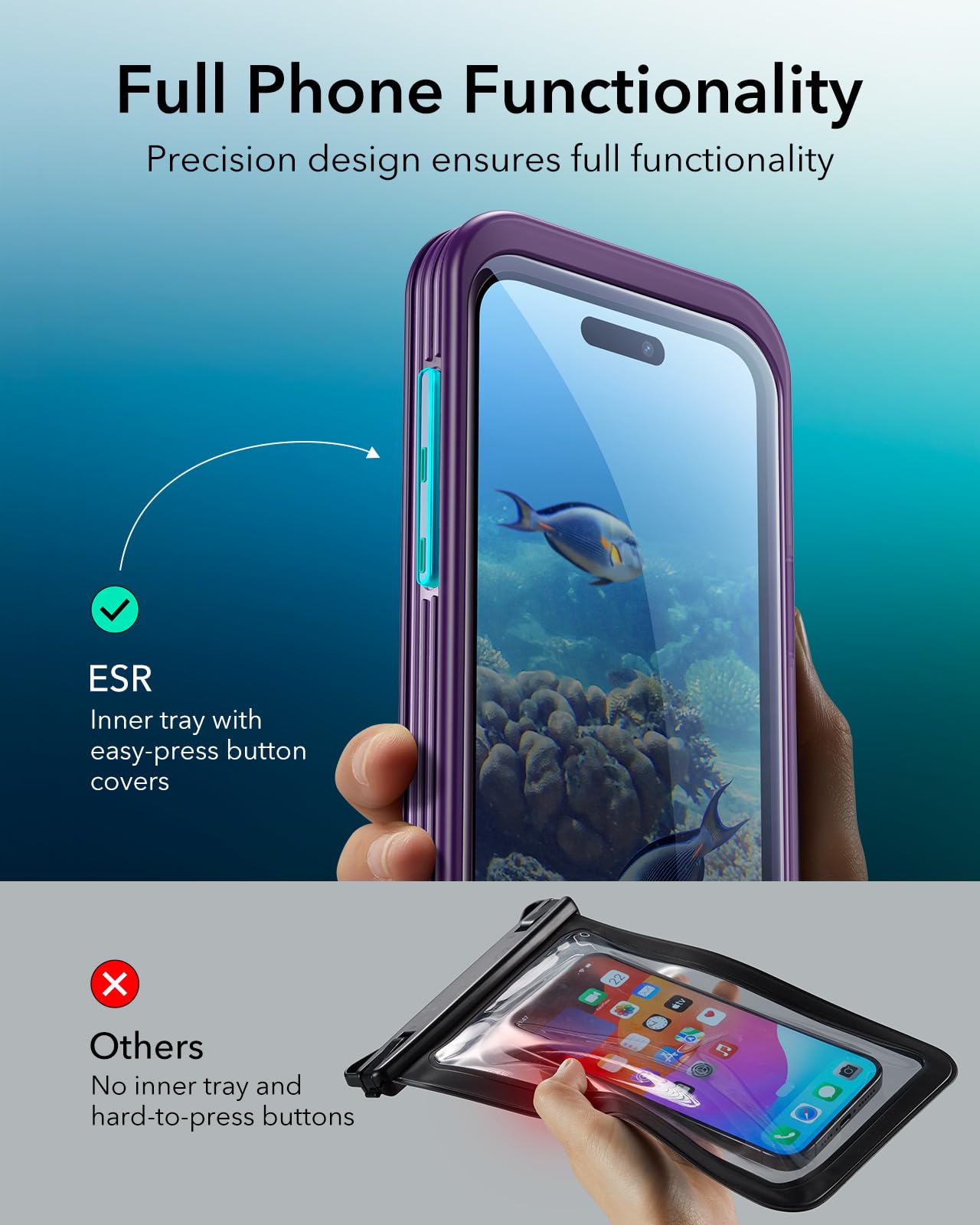 ESR Custodia impermeabile per iPhone 15 Pro Max /14 Pro Max, sensibilità al tocco subacquea, IPX8, custodia galleggiante impermeabile per cellulare con cordino, borsa asciutta per snorkeling, viola