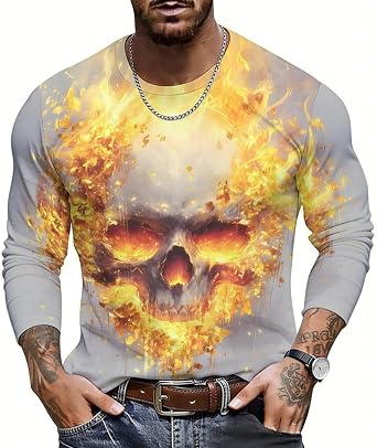 KIDVOVOU Mens 3D Skull Print Long Sleeve T Shirts Crew Neck Soft Lightweight Graphic Tee Casual Streetwear