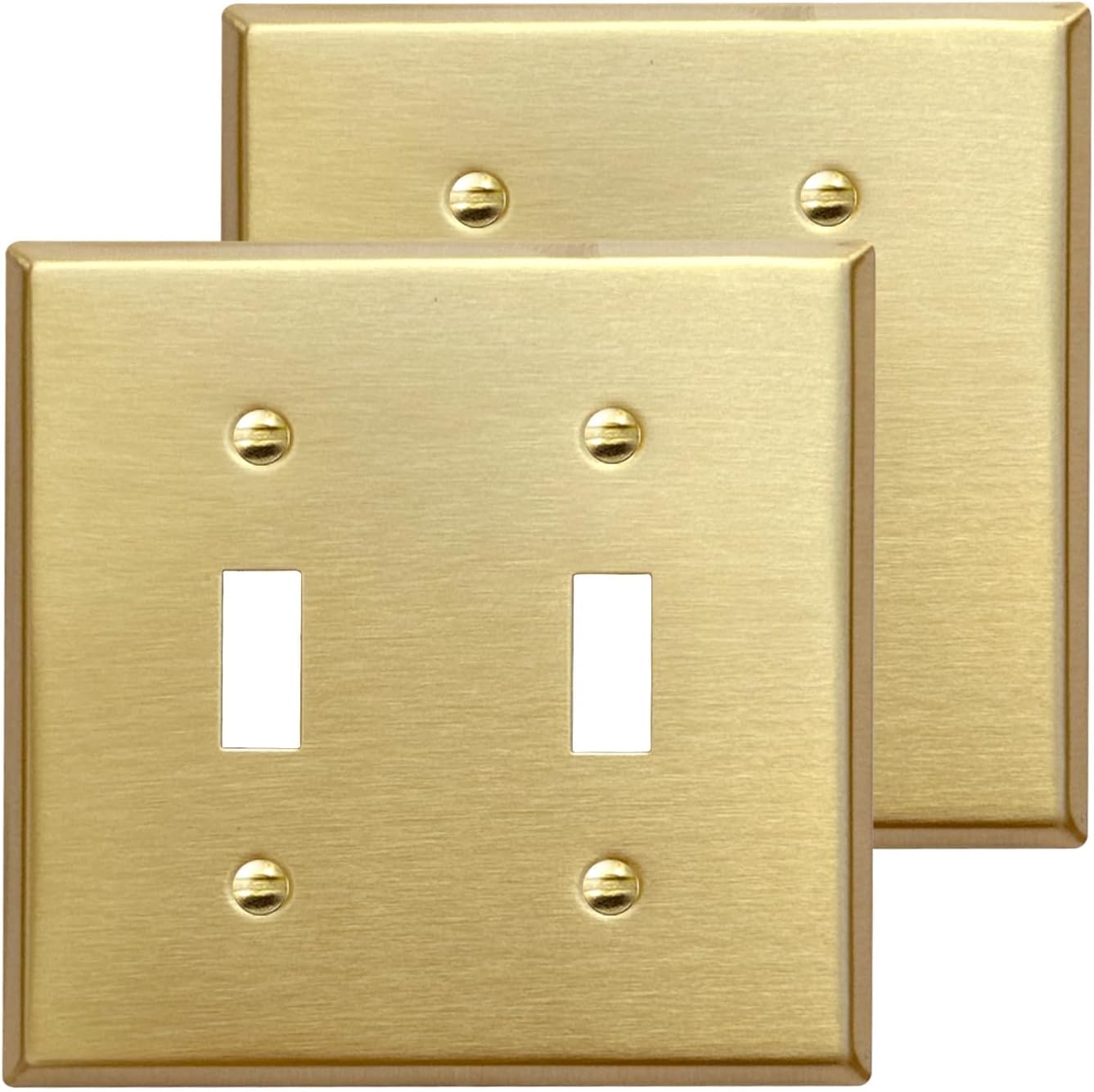 Rio Salto BRASS Metal Gold Double Toggle Light Switch Covers Wall Plate Toggle Light Switch Wallplate MID-SIZE Decorative Gold 2 Gang Wall Switch Plate Brushed Brass 2 Toggles 2-Pack