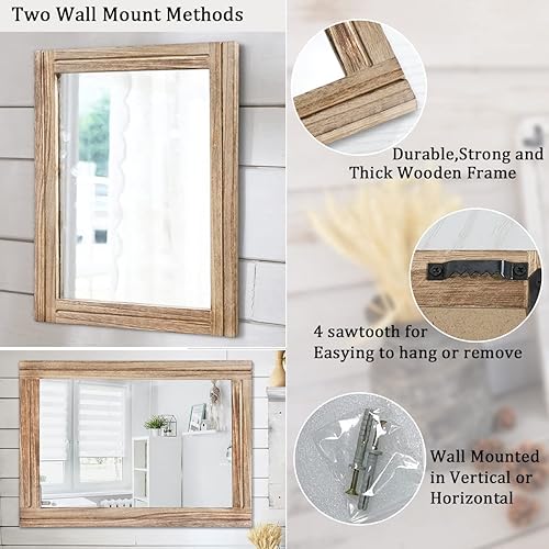 Miniatura 3 de AAZZKANG Espejo rústico para pared con marco rectangular de madera, espejos colgantes decorativos grandes de 28 x 20 pulgadas para dormitorio, baño,