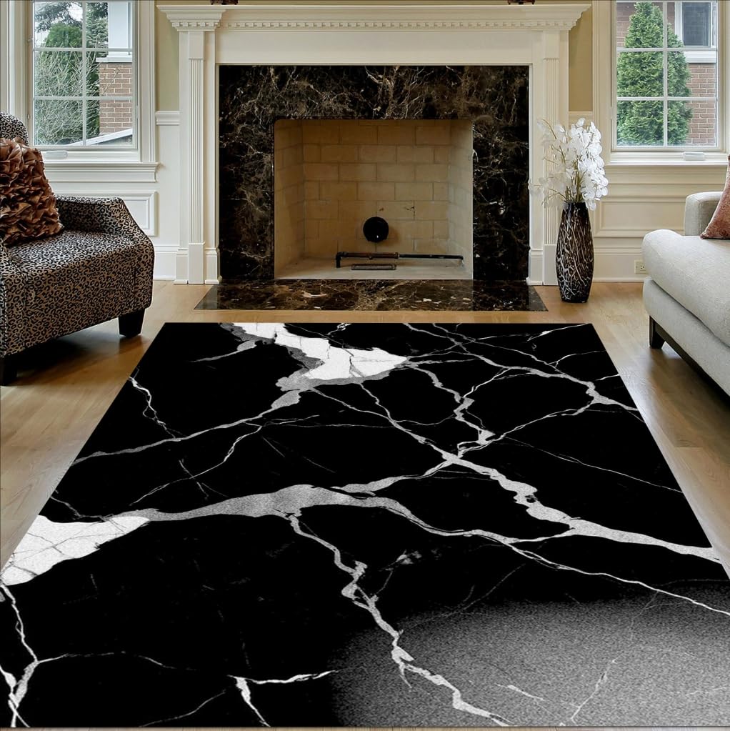 Black White Grey Marble Texture Modern Abstract Unique Area Rug for Living Room Bedroom Diningroom Luxury Minimalist Home Office Guestroom Large Floor