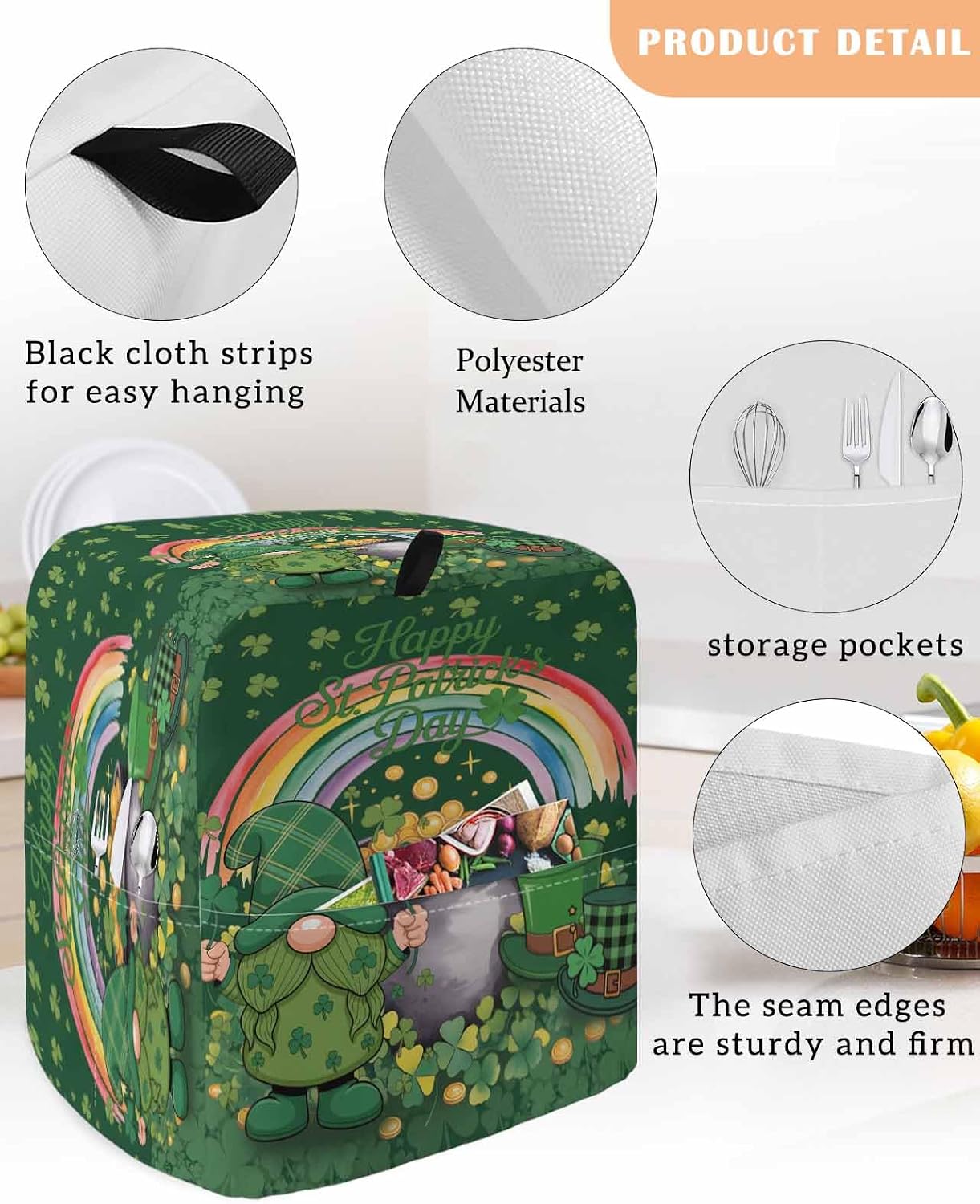 Gnomes St. Patrick's Day Stand Mixer Cover with Storage Pocket, Waterproof Kitchen Mixer Covers, Green Lucky Clovers Rainbow Kitchen Appliance Dust Cover Compatible with 5-8 Quart Mixers