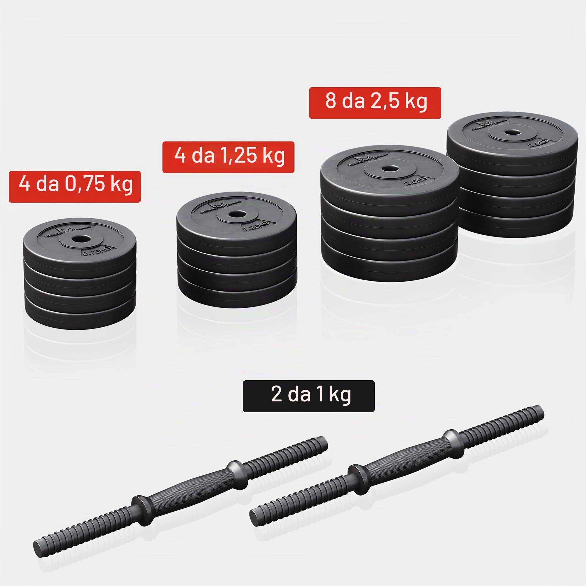 GYRONETICS® Set di Manubri - 30 kg, Coppia, 16 Dischi in Plastica, 25 mm, 4 Chiusure a Stella, Antiscivolo, Impugnatura Zigrinata - Dumbbells, Sollevamento Pesi, Palestra, Allenamento, Fitness, Casa