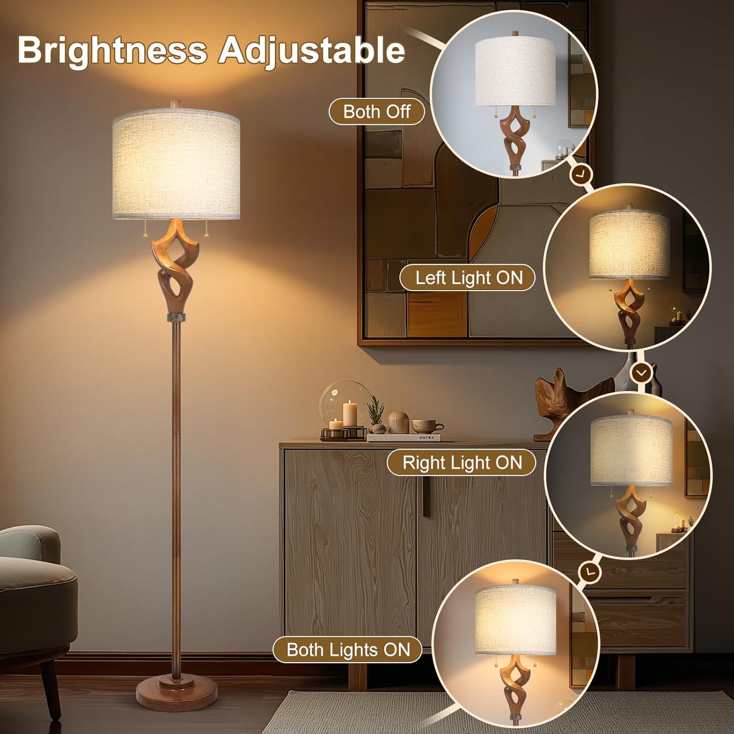 Scenekoy Sculptural 65.5” Floor Lamp for Living Room Bedroom, Bronze Wood Finish & Resin Body, Pull Chains Switch Standing Lamp, Brightness Adjustable Corner Lamp with Bulb Prefer for Home Office Bar