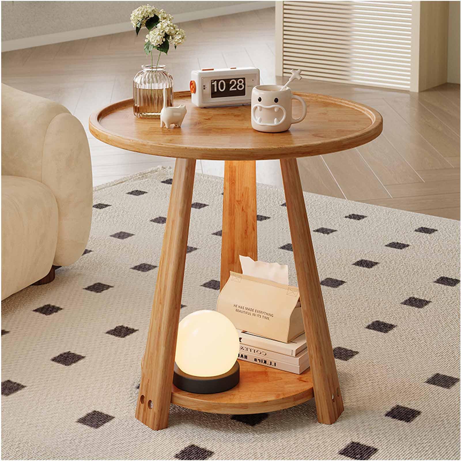 SXZenSpace Side Table, Small Round End Table with Lower Shelf, 2 Tier Farmhouse Nightstand Bedside Coffee Accent Wood Tabletop & Frame for Spaces, Living Room, Bedroom,wood