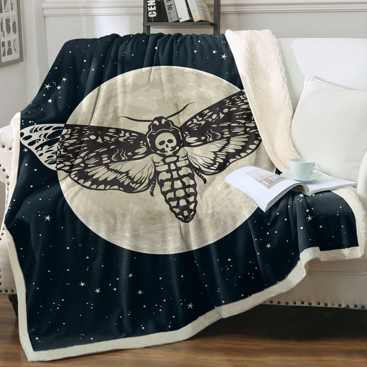 Sleepwish Luna Goth Blanket Adult Death Moth Skull Throw Blanket Black Galaxy Star Fleece Blankets for Kids Teens Boys Men Gothic Halloween College Dorm Sherpa Blanket (50"x60")