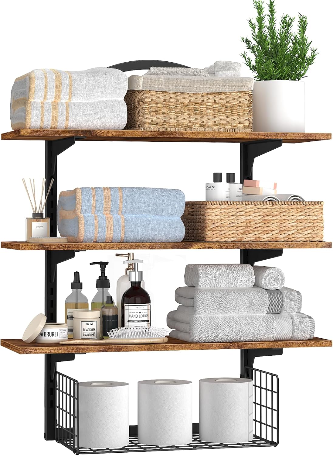3 Tier Floating Shelf with Storage Baskets, Wall Mounted Bathroom Shelves Over Toilet, Wood Wall Shelves for Kitchen, Bedroom, Living Room, Home Organization and Decor, Rustic Brown