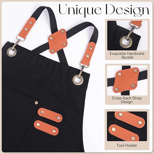 Miniatura 4 de Delantales de chef para hombres y mujeres con bolsillos grandes, delantal de cocina de lona de algodón repelente al agua para cocinar