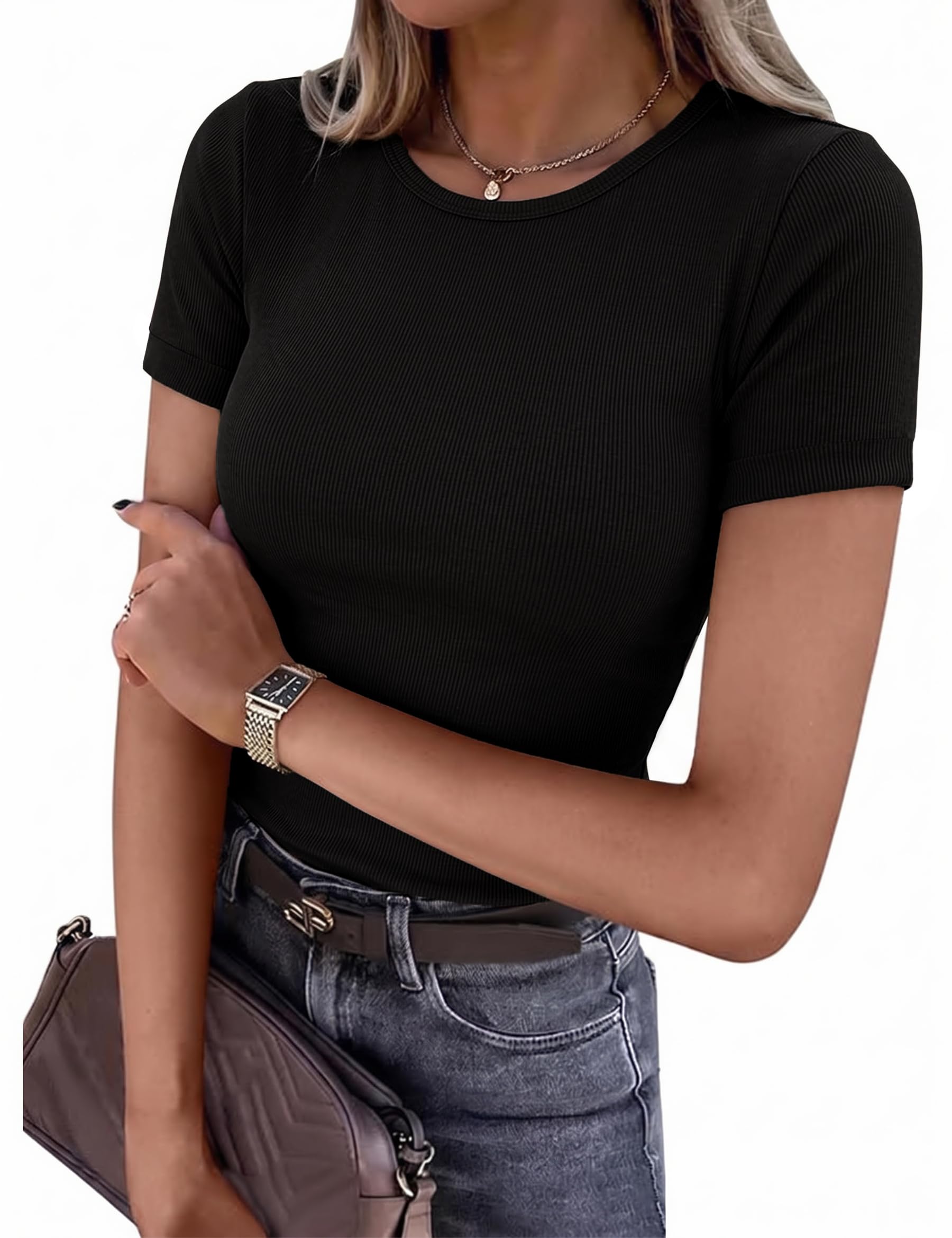 Demegimi Damen Sommer T-Shirt Slim Fit Rundhals Geripptes Basic Shirt Figurbetont aus Viskose Kurzarm Oberteil für Büro Freizeit