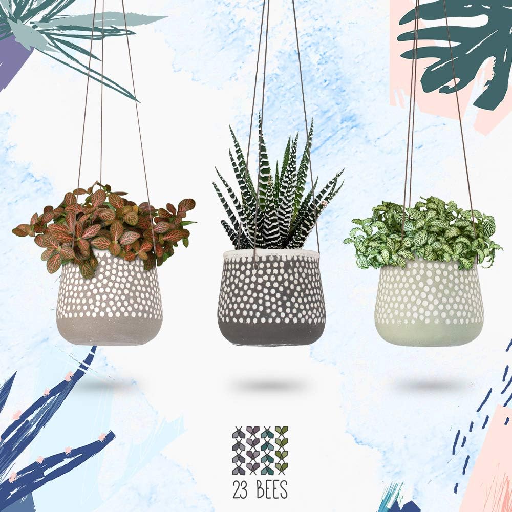 3 Pack Hanging Planter for Indoor Plants, White Concrete Pots, Round Air Succulent Holder Container, Cactus Pot with Rope Hanger, 23 Bees (3, Shades of Nature)