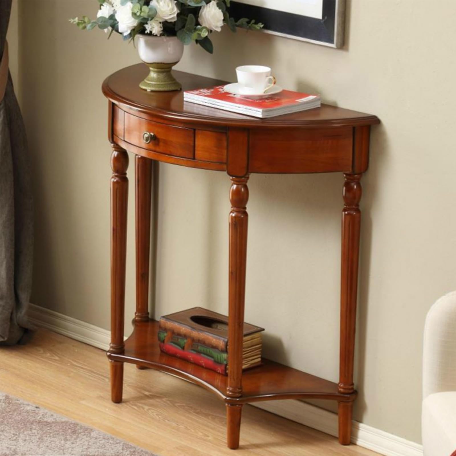 HalfMoon - Consolle vintage in legno, tavolo da ingresso con cassetto e mensola, elegante tavolo a doppio strato per corridoio, decorazione per la casa (60 x 30 x 80 cm)