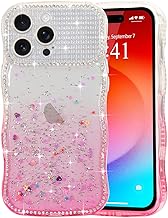 LCHULLE for iPhone 15 Pro Max Case for Women Girls, Cute Curly Wave Frame Bling Glitter Shiny Sparkle Diamonds Rhinestone Clear Full Camera Protection Shockproof Phone Case for iPhone 15 Pro Max, Pink