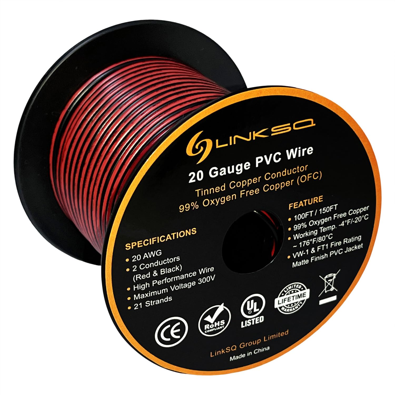 LINKSQ UL2468 100FT 20 Gauge 2 Conductor Electrical Wire, Stranded Tinned Oxygen Free Copper 2 Wire Cable, 20 AWG 2 Wire, OFC Speaker Wire, 20/2 Cord