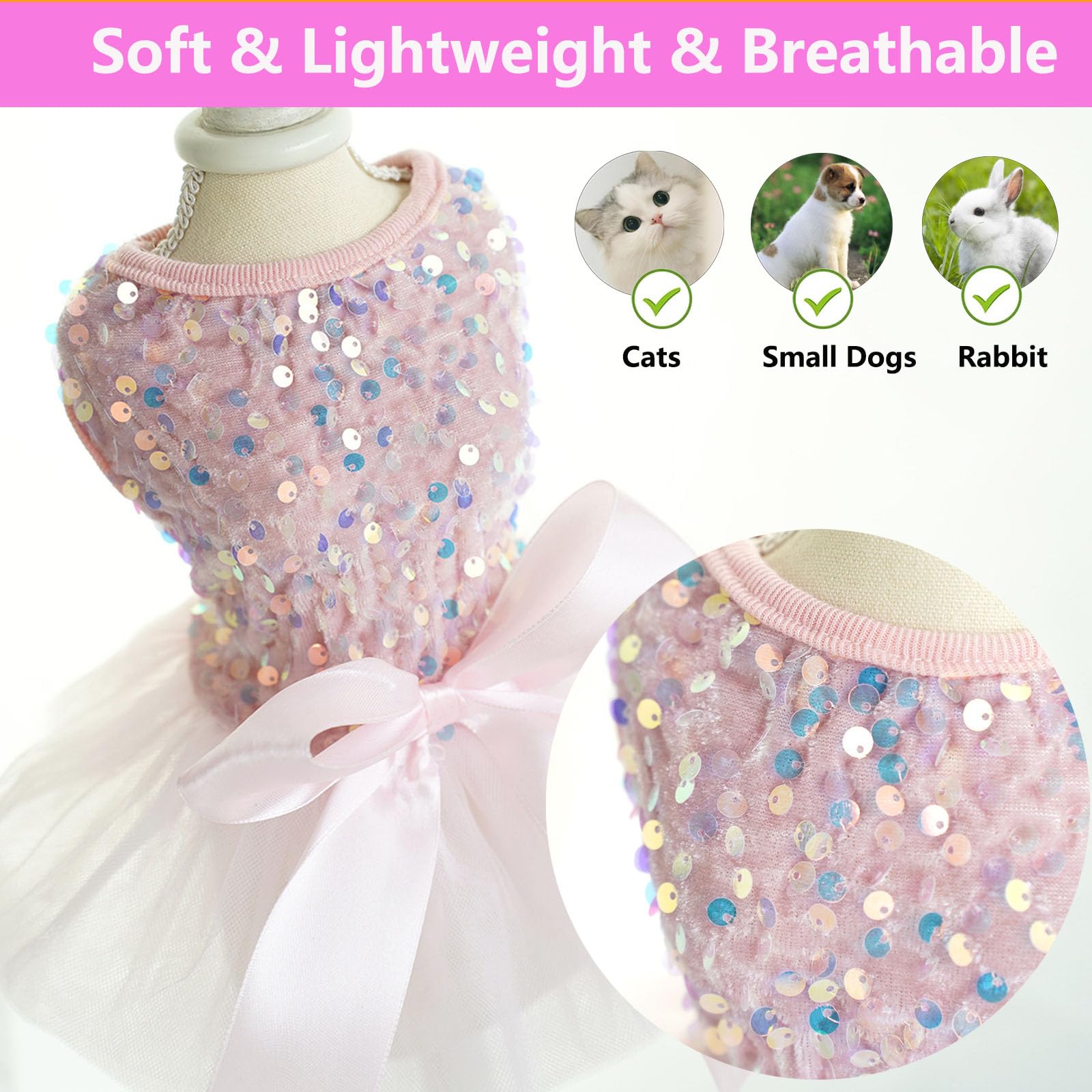 Pet Princess Dress, Sequins Big Bowknot Dresses for Small Dogs Girl Puppy Outfit Spring Summer Apparel Cute Sequins Bowknot Pet Skirt for Cats Holiday Doggie Wedding Party Dress (XS)