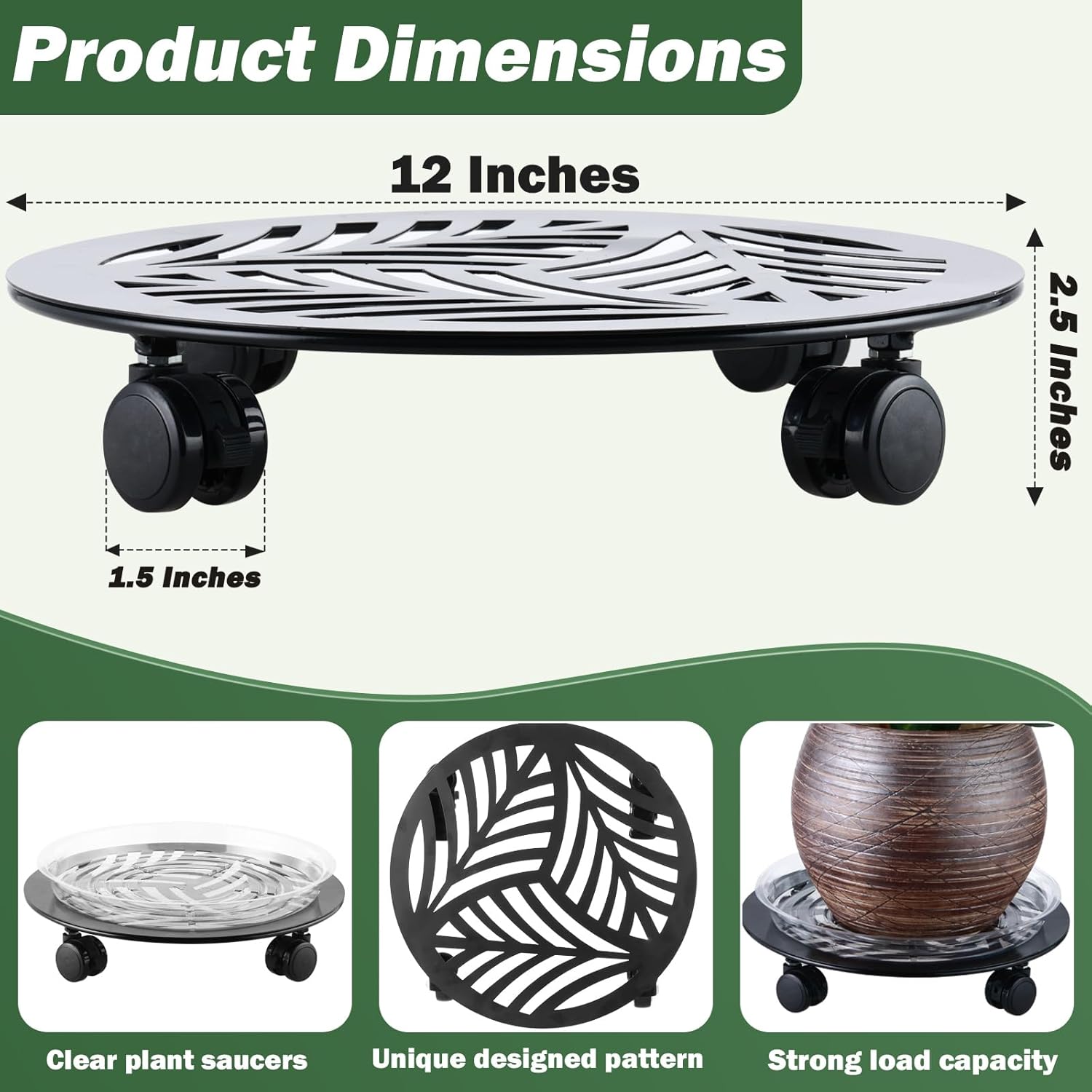 2 Packs Large Metal Plant Caddy with PU Wheels 12" Heavy-Duty Wrought Iron Rolling Plant Stands Indoor Outdoor Wheeled Plant Dolly Planter Mover Rollers Plant, Leaf Style