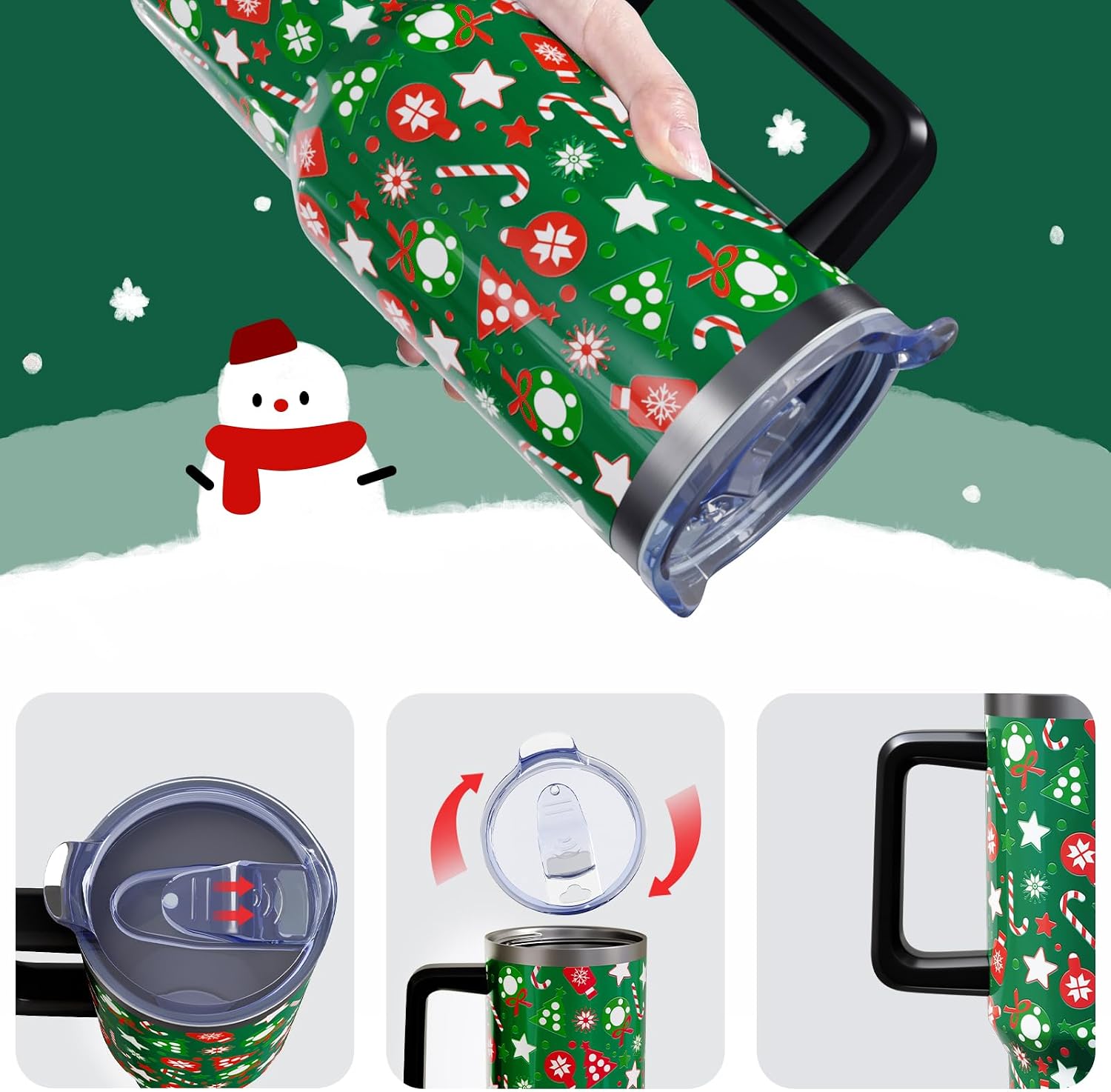 Green Christmas Cup Gifts for Women Men, Cute Candy 40oz Tumbler with Handle and Straw, Xmas Winter Stainless Steel Insulated Water Bottle (1 PC)