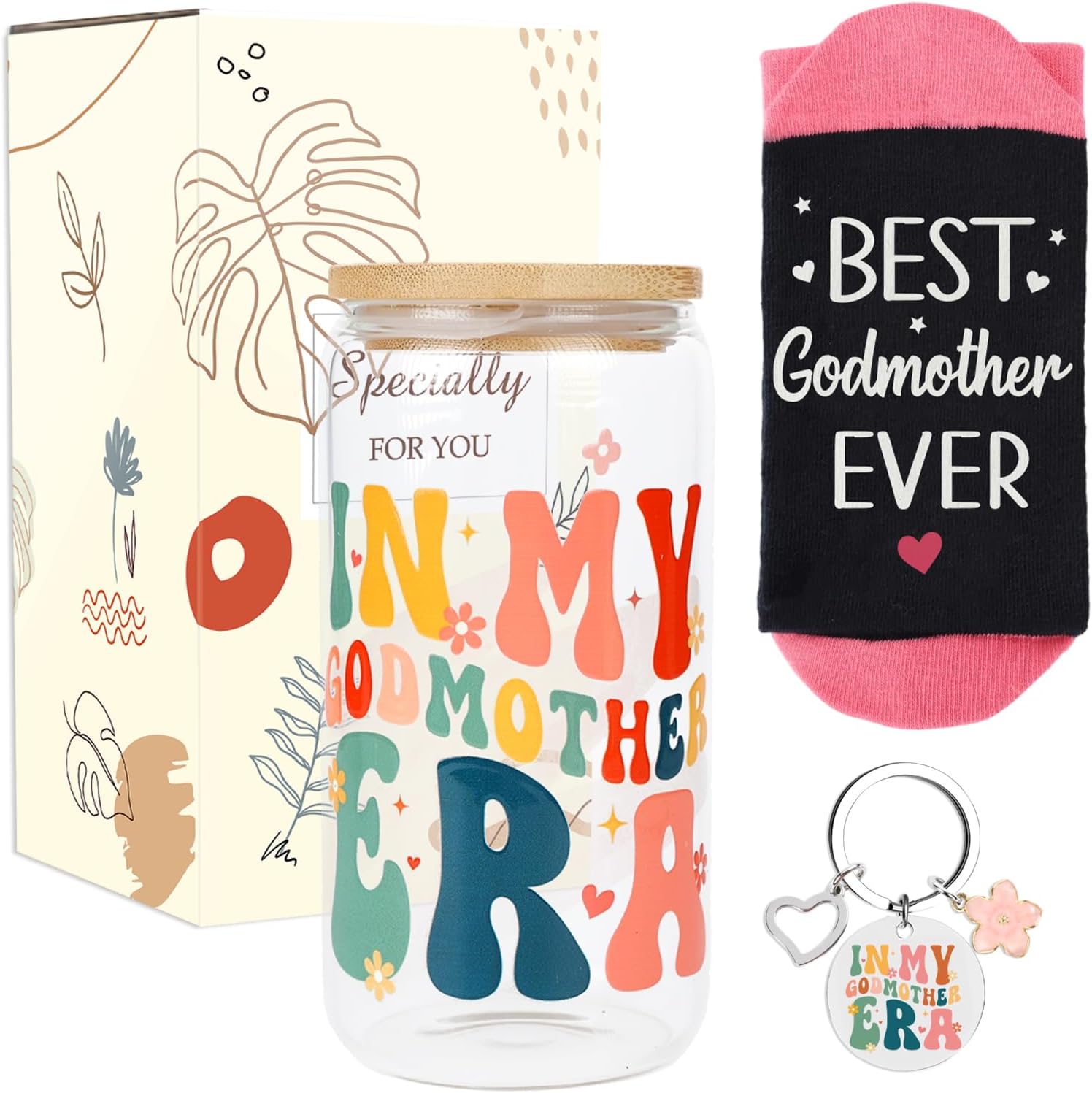 Godmother Gifts Set for Women - 3 Pcs Godmom Proposal Gift from Godchild with 16oz Glass Cup Sock and Keychain, in My Godmother Era Gifts for Christmas Thanksgiving Mothers Day Birthday