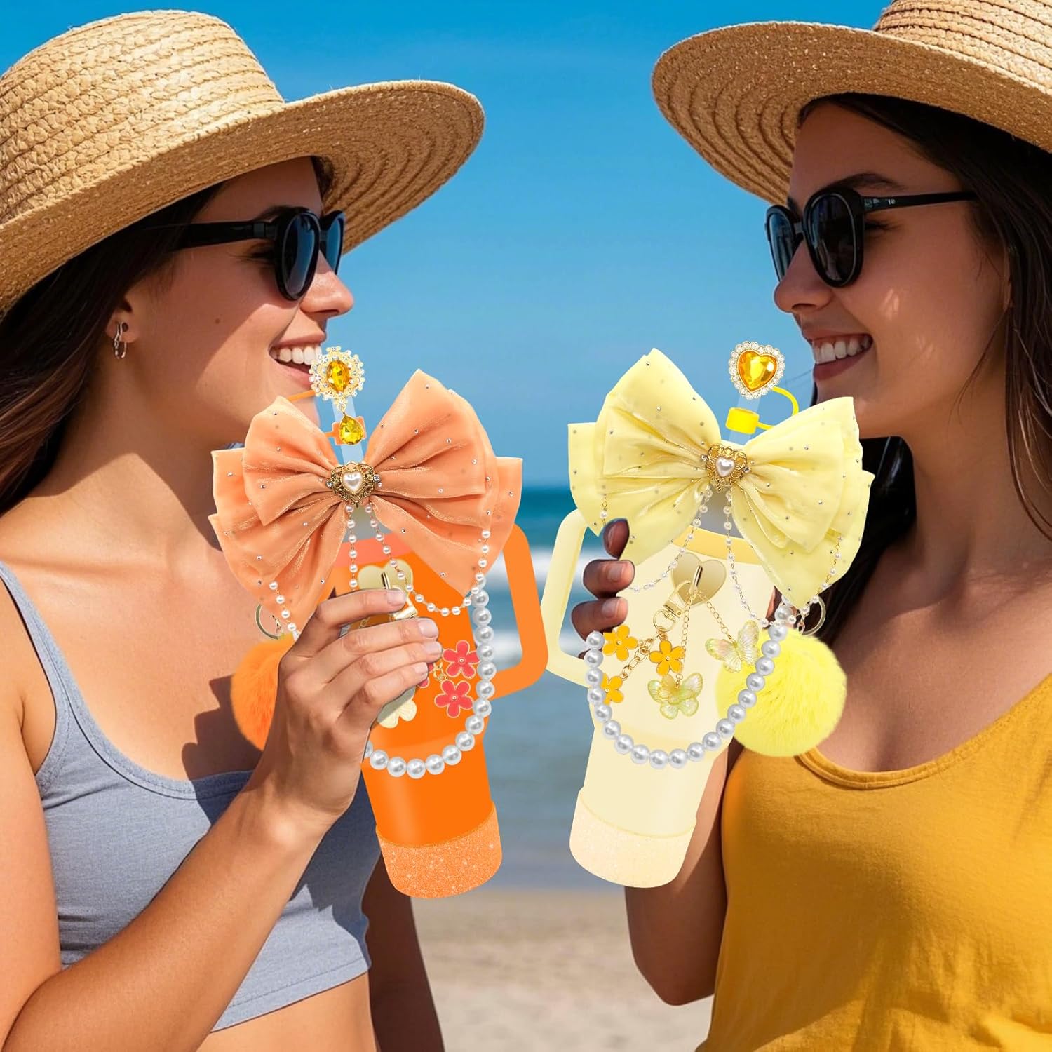 LBU Bling Stanley Cup Accessories for 40/30/20 oz Tumbler with Handle Including Orange Glitter Bow Straw Topper, Heart Straw Cover, Pearl Water Bottle Handle Strap, Boot, Pom-Pom, Keychain Charms - Image 4