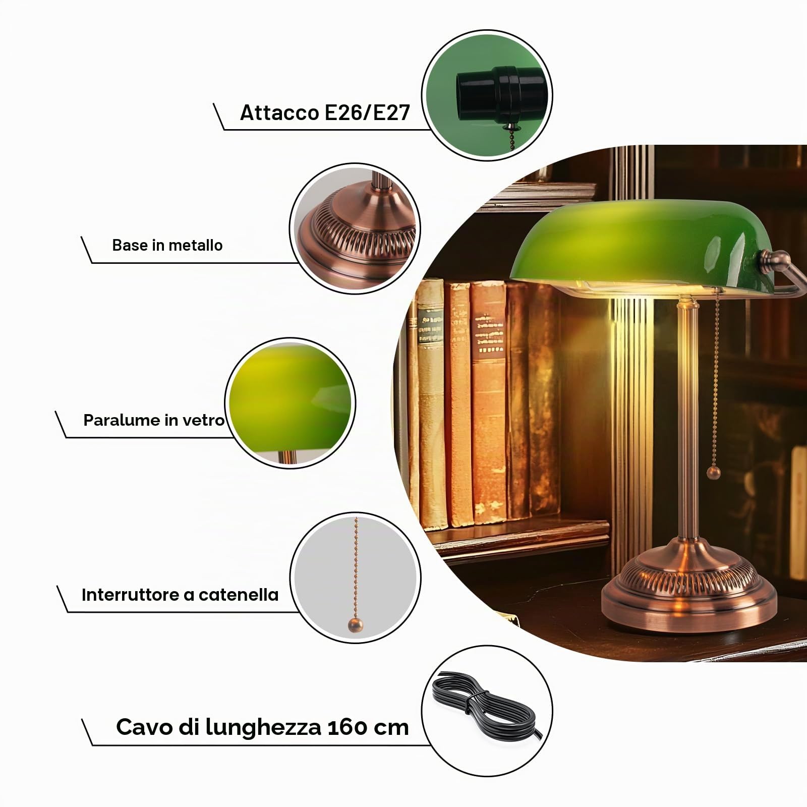 FIRVRE Lampada da scrivania banchiere in vetro verde, lampada da scrivania vintage con interruttore a catena, lampada da tavolo retrò per home office, biblioteca, pianoforte