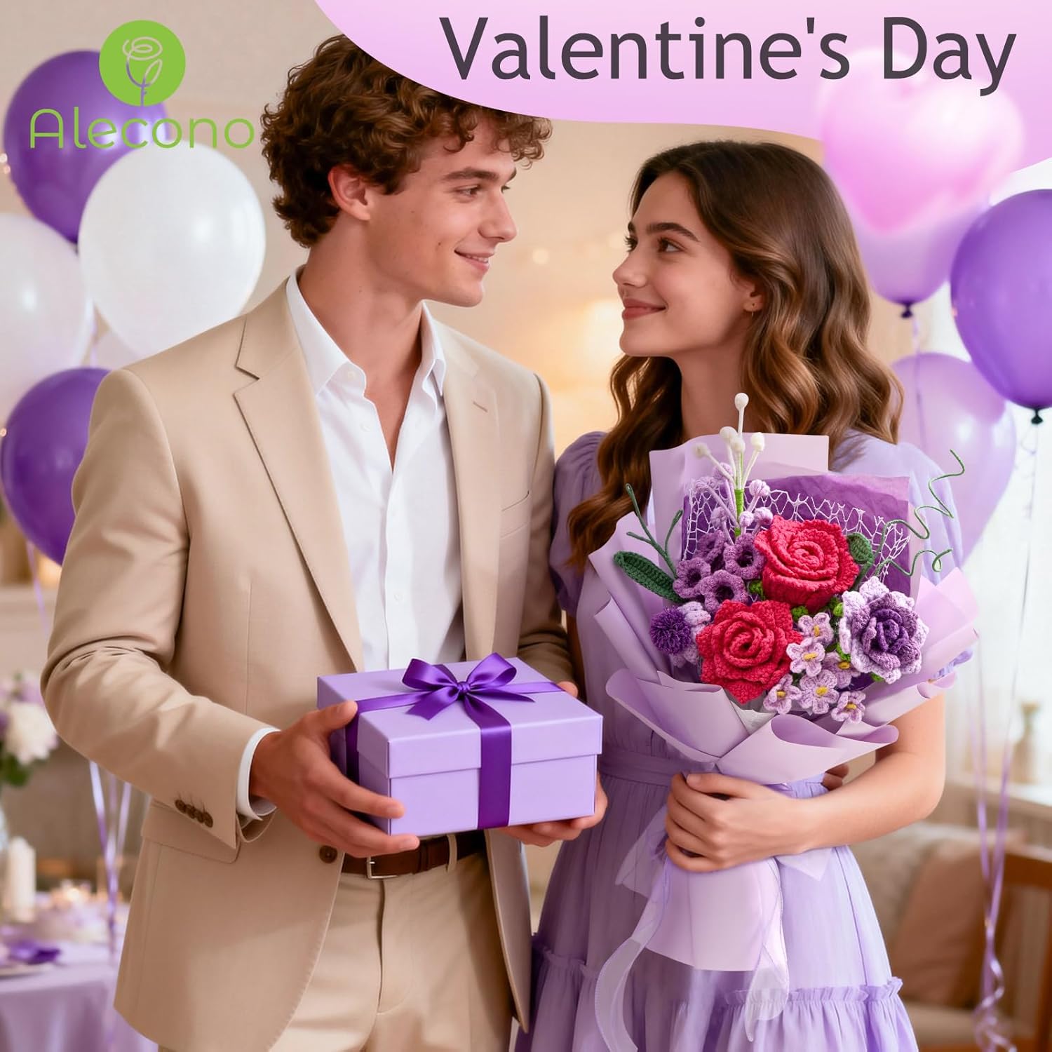 Alecono Crochet Flower Bouquet, Purple and Hot Pink Knitted Flowers, Crochet Roses Flower for Valentine Day Lover Anniversary Birthday Mother's Day Graduation Gifts (with Card)