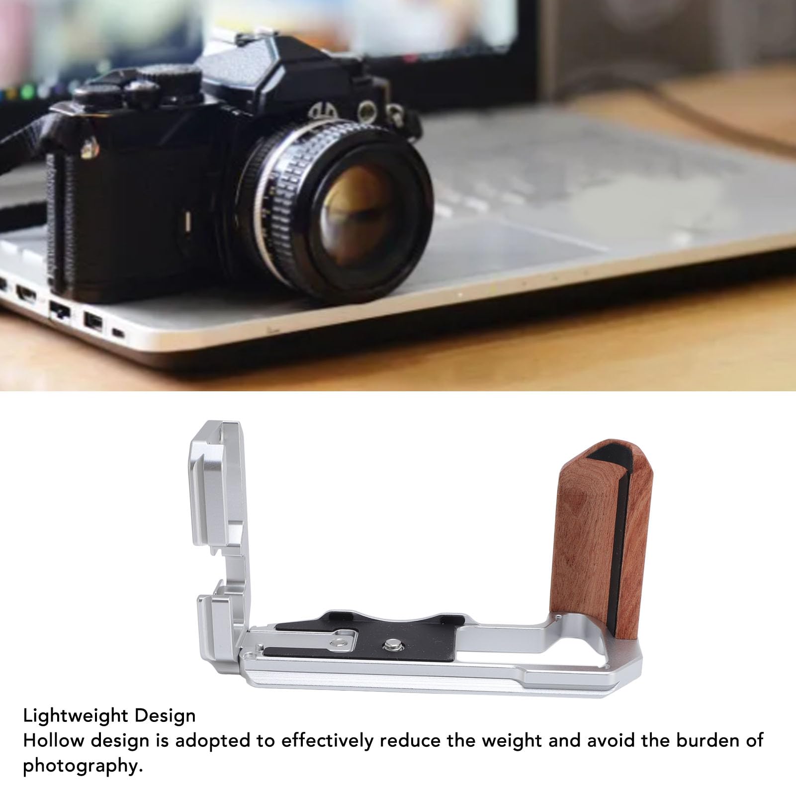 Poignée en Forme de L XT5, Poignée d'appareil Photo en Alliage d'aluminium de qualité Supérieure avec en Bois, Plaque à Dégagement Rapide Arca pour Photographie et Vidéo Vlog (Silver)
