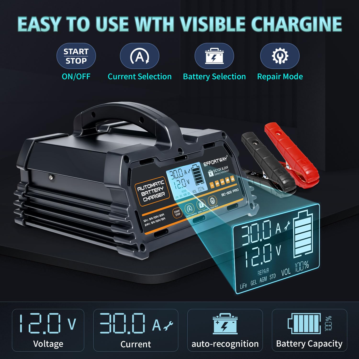 Cargador de batería de 30 A, 12 V/24 V, plomo ácido, 12 V LiFePO4. Cargador de batería inteligente con carga lenta. Mantenedor de batería de coche con pantalla LCD. Adecuado para camiones