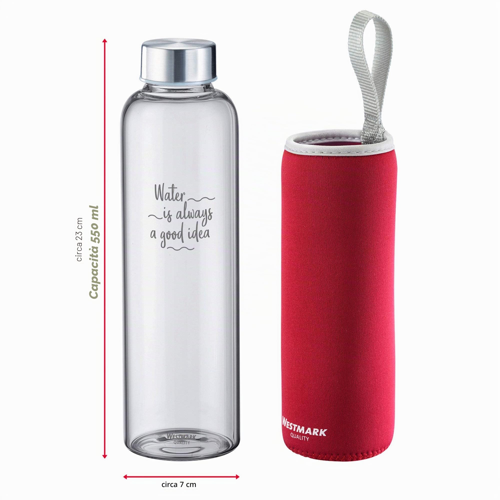 Westmark Borraccia, Vetro con stampa, Incl. Fodera protettiva, 550 ml, Vetro/Silicone/Gomma, Senza BPA, Viva, Rosso/Argento/Trasparente, 5272226R