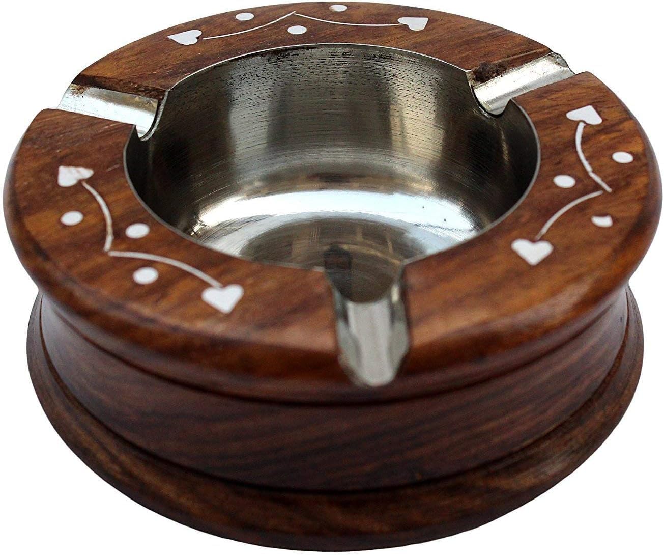 Handmade Wooden Ashtray with Stainless Steel Insert, Round Ash Tray for Cigarettes, Cigars, Home Bar & Coffee Table (4x4 Inch)