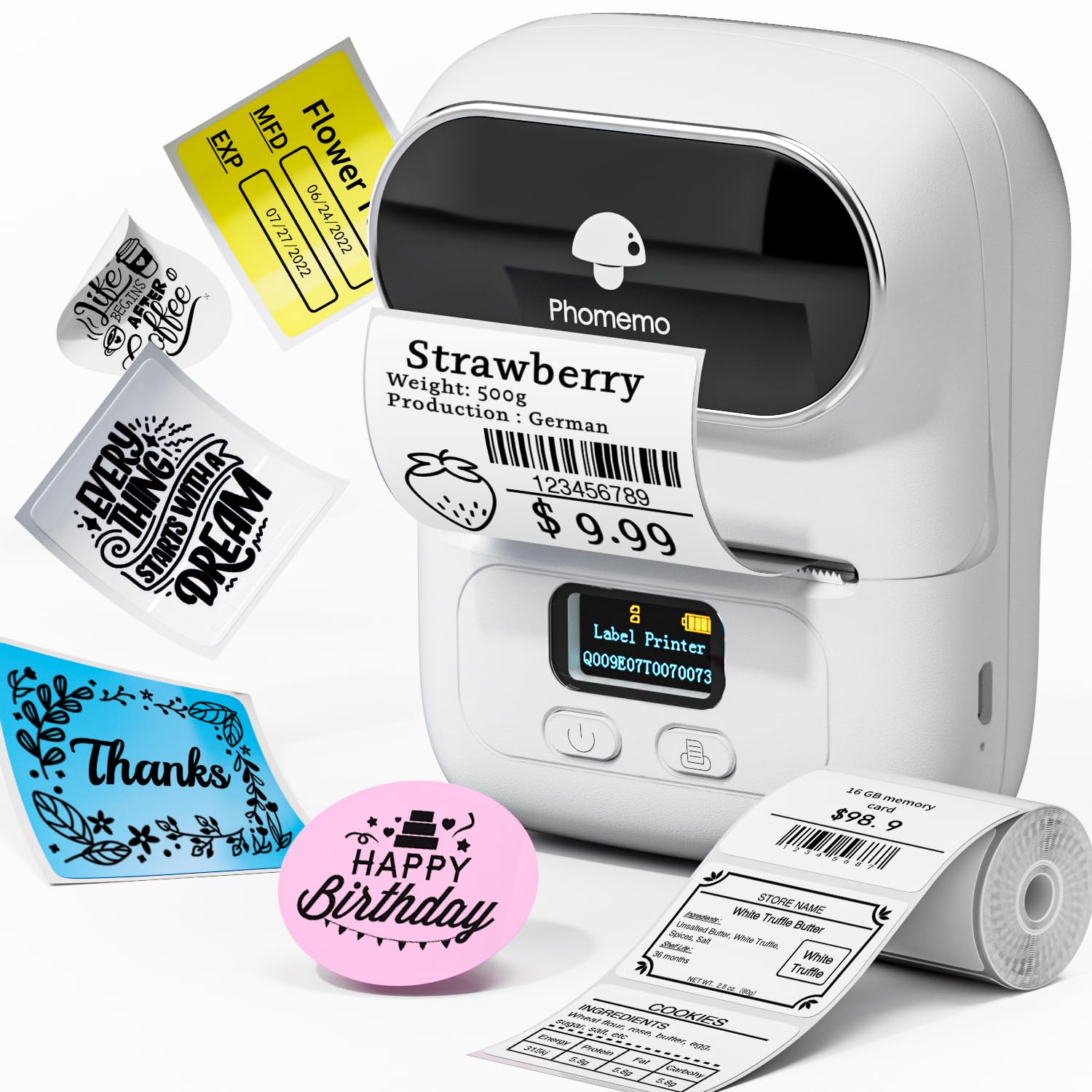Phomemo M110 Impresora de Etiquetas portátil-Impresora térmica de Etiquetas，Impresora de Pegatinas，Adecuado para código de Barras, Oficina, envío, Cable, Tienda, Ropa，con Etiqueta de 40×30 mm,Blanco