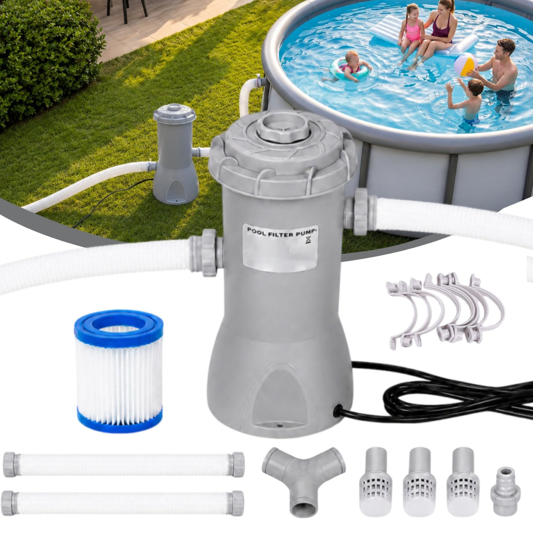 Pompa basenowa 1000 GPH, 80 W, przyłącze 32 mm, kompletny zestaw z wężem – cicha pompa filtrująca, pompa filtrująca, do małych i średnich basenów rozkładanych i basenów ramowych