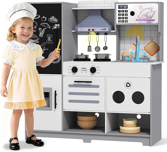 Kids Wooden Play Kitchen, Large Pretend Role Play Toy Kitchen with Sounds & Light, Recycling Tap, Chalkboard, Ice Maker, Stove, Hood, Oven, Storage, Children Cooking Playset for Toddlers 3+ Boy Girl
