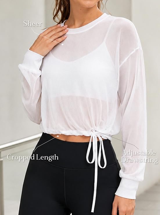 Hilinker Women's Mesh Sheer Workout Tops Cropped Shirts