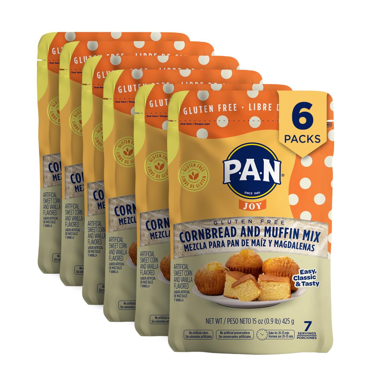 P.A.N Gluten-Free Cornbread & Muffin Mix, 0.9 lb (6-Pack) - Easy Homemade Baking, Certified GF Since 1960